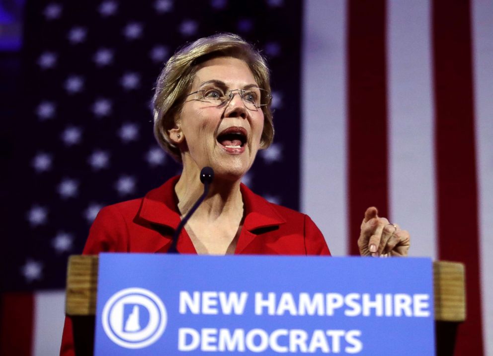 PHOTO: Democratic presidential candidate Sen. Elizabeth Warren speaks at the New Hampshire Democratic Party's 60th Annual McIntyre-Shaheen 100 Club Dinner, in Manchester, N.H., Feb. 22, 2019.