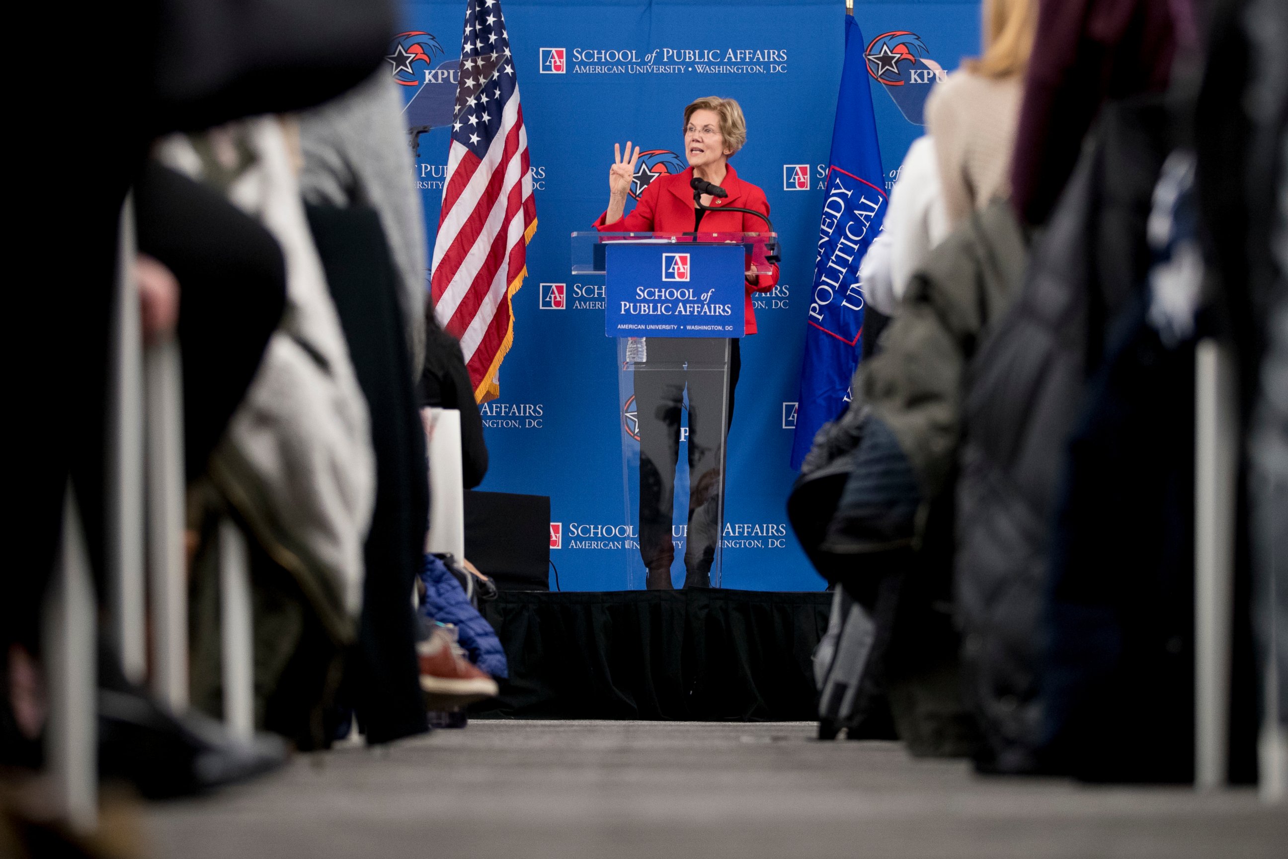 PHOTO: In this Nov. 29, 2018, file photo, Sen. Elizabeth Warren, D-Mass., speaks at the American University Washington College of Law in Washington, on her foreign policy vision for the country. 