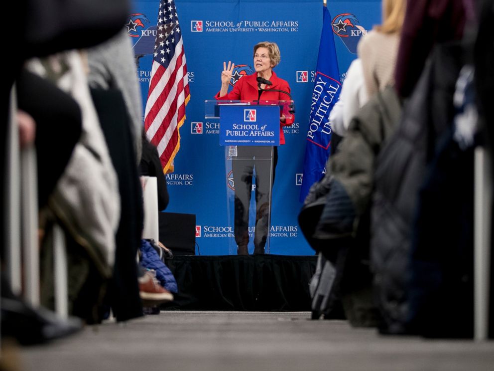 PHOTO: In this Nov. 29, 2018, file photo, Sen. Elizabeth Warren, D-Mass., speaks at the American University Washington College of Law in Washington, on her foreign policy vision for the country.