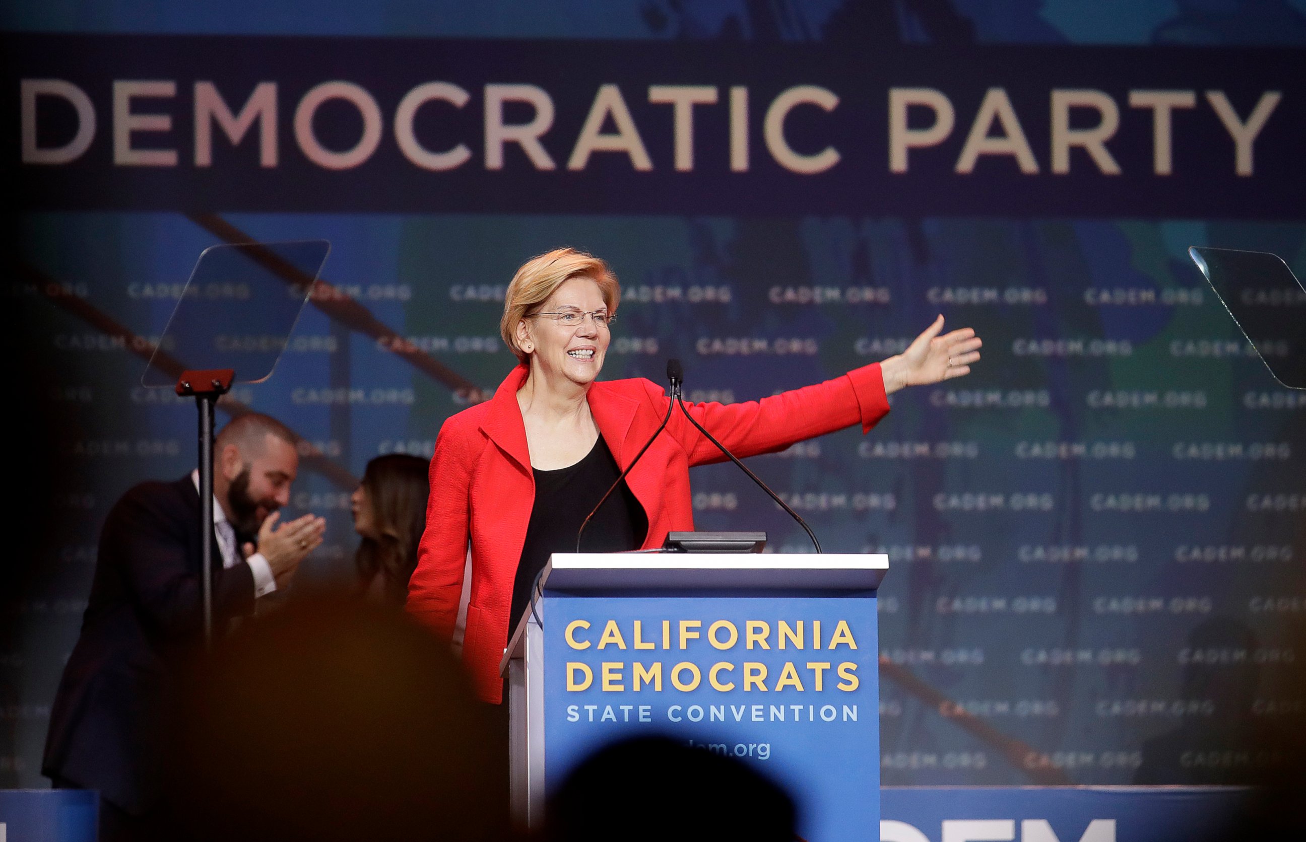 PHOTO: Democratic presidential candidate Sen. Elizabeth Warren, D-Mass., waves before speaking during the 2019 California Democratic Party State Organizing Convention in San Francisco, Saturday, June 1, 2019.