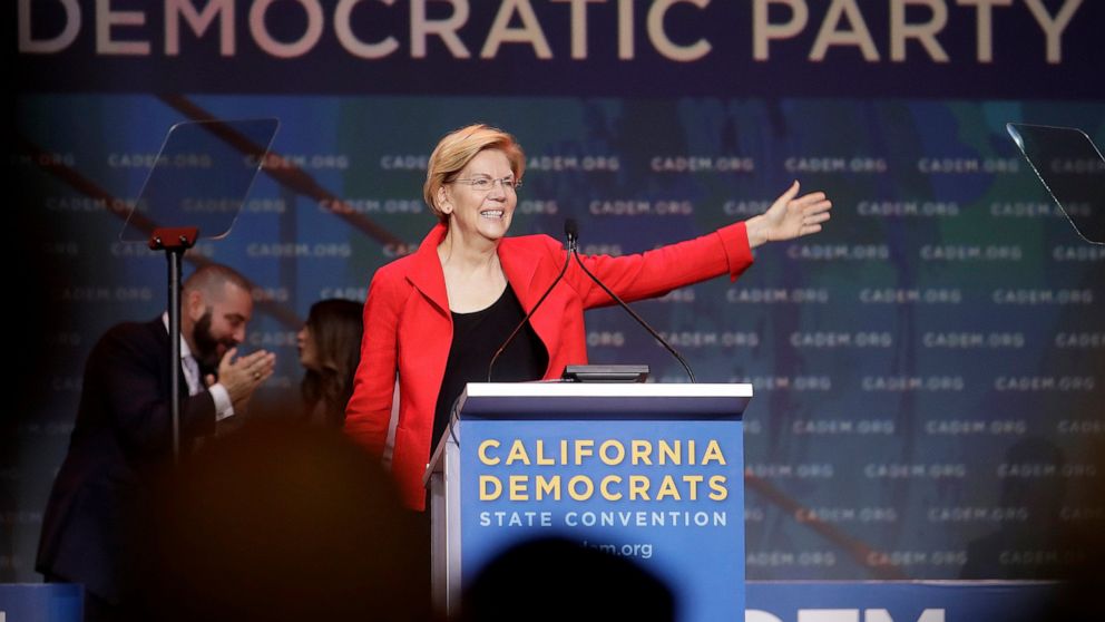 PHOTO: Democratic presidential candidate Sen. Elizabeth Warren, D-Mass., waves before speaking during the 2019 California Democratic Party State Organizing Convention in San Francisco, Saturday, June 1, 2019.