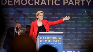 PHOTO: Democratic presidential candidate Sen. Elizabeth Warren, D-Mass., waves before speaking during the 2019 California Democratic Party State Organizing Convention in San Francisco, Saturday, June 1, 2019.