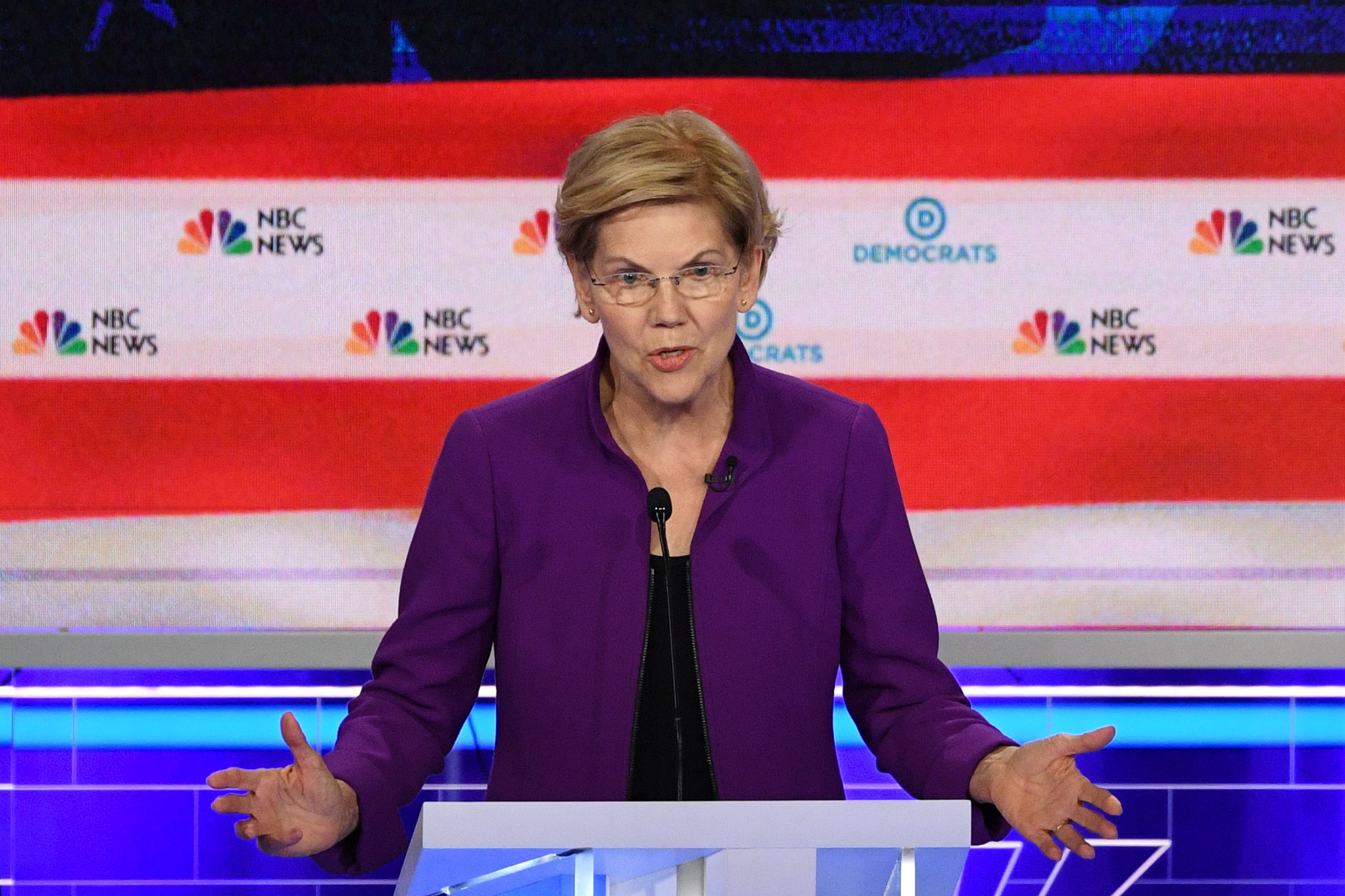 PHOTO: Elizabeth Warren participates in the first Democratic primary debate hosted by NBC News at the Adrienne Arsht Center for the Performing Arts in Miami, Florida, June 26, 2019.