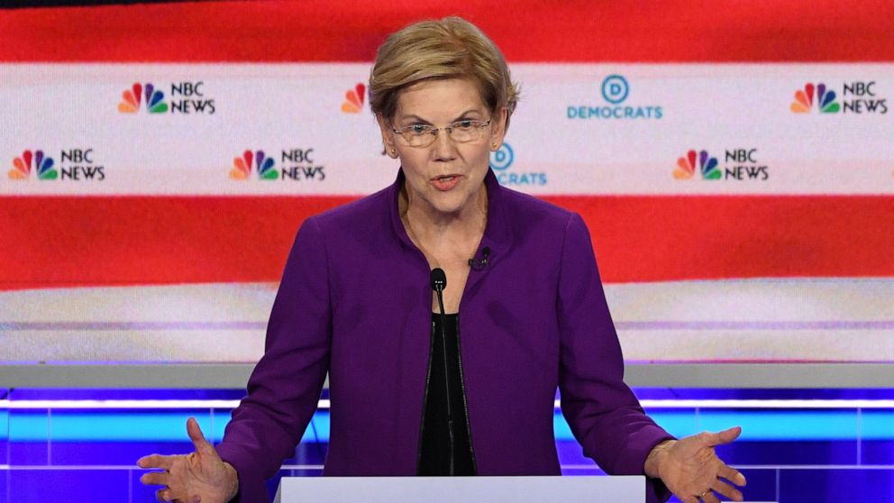 PHOTO: Elizabeth Warren participates in the first Democratic primary debate hosted by NBC News at the Adrienne Arsht Center for the Performing Arts in Miami, Florida, June 26, 2019.