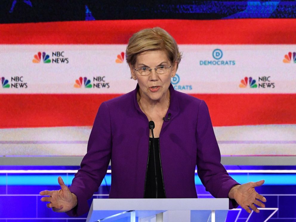 PHOTO: Elizabeth Warren participates in the first Democratic primary debate hosted by NBC News at the Adrienne Arsht Center for the Performing Arts in Miami, Florida, June 26, 2019.