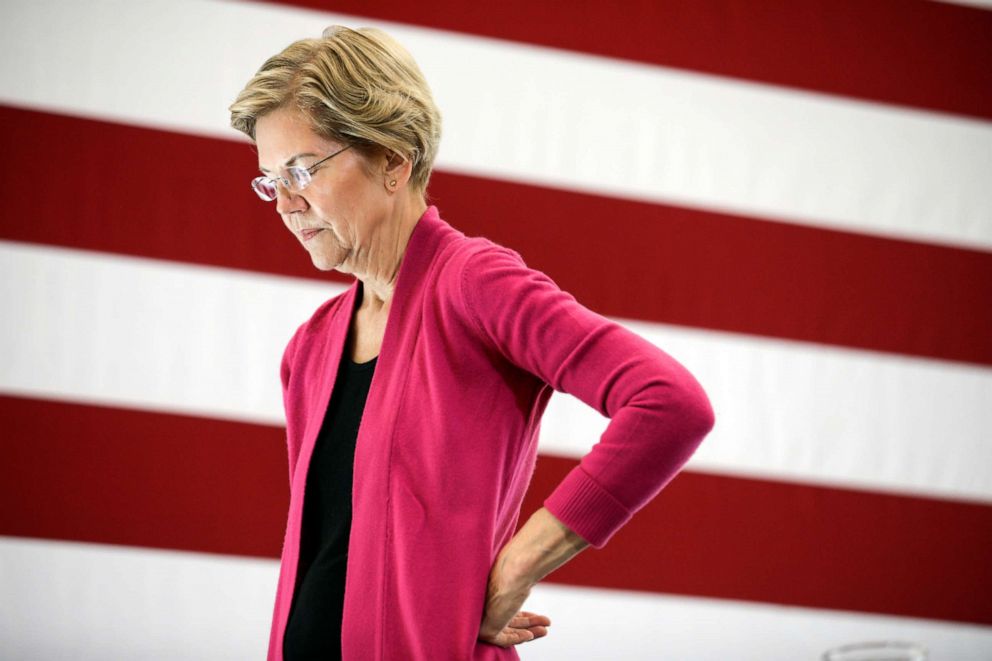 PHOTO: Democratic presidential candidate Sen. Elizabeth Warren, D-Mass., listens to a question during the question and answer part of her campaign event at the University of New Hampshire in Durham, N.H., Oct. 30, 2019, 