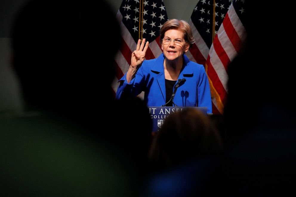 PHOTO: Democratic 2020 U.S. presidential candidate and Sen. Elizabeth Warren, D-Mass., delivers a campaign economic speech at Saint Anselm College's Institue of Politics in Manchester, N.H. on Dec. 12, 2019.