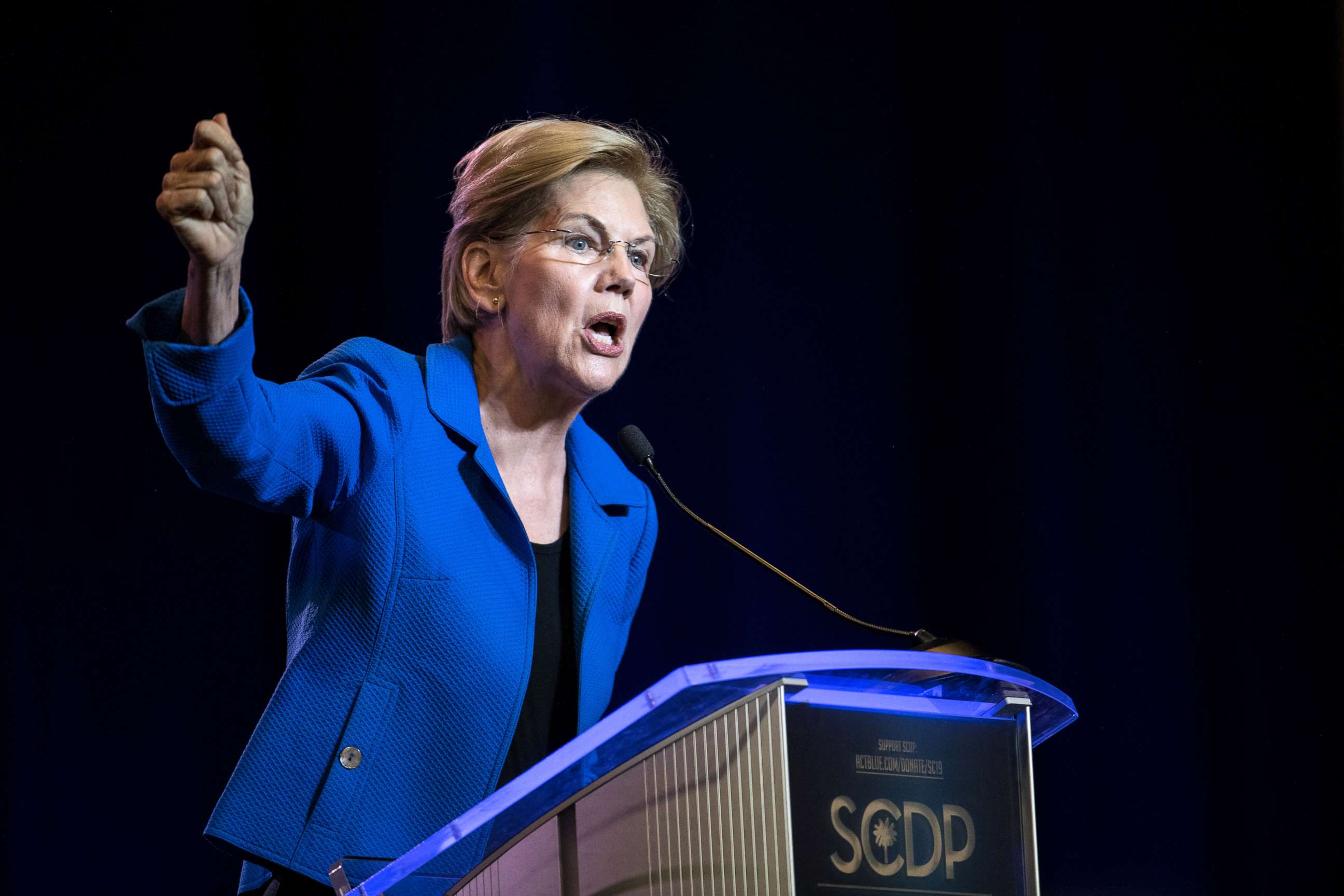 PHOTO: Sen. Elizabeth Warren addresses the crowd at the 2019 South Carolina Democratic Party State Convention, June 22, 2019, in Columbia, S.C.