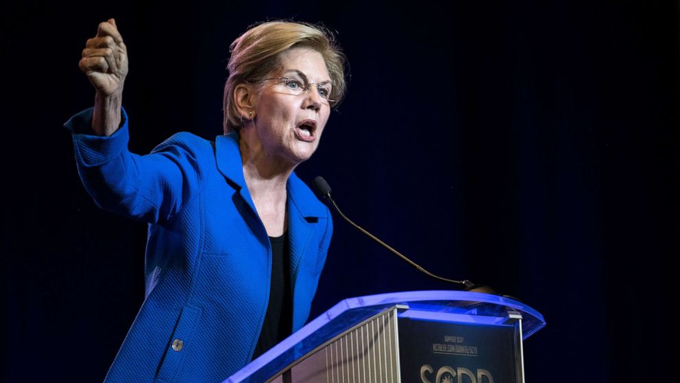 PHOTO: Sen. Elizabeth Warren addresses the crowd at the 2019 South Carolina Democratic Party State Convention, June 22, 2019, in Columbia, South Carolina.