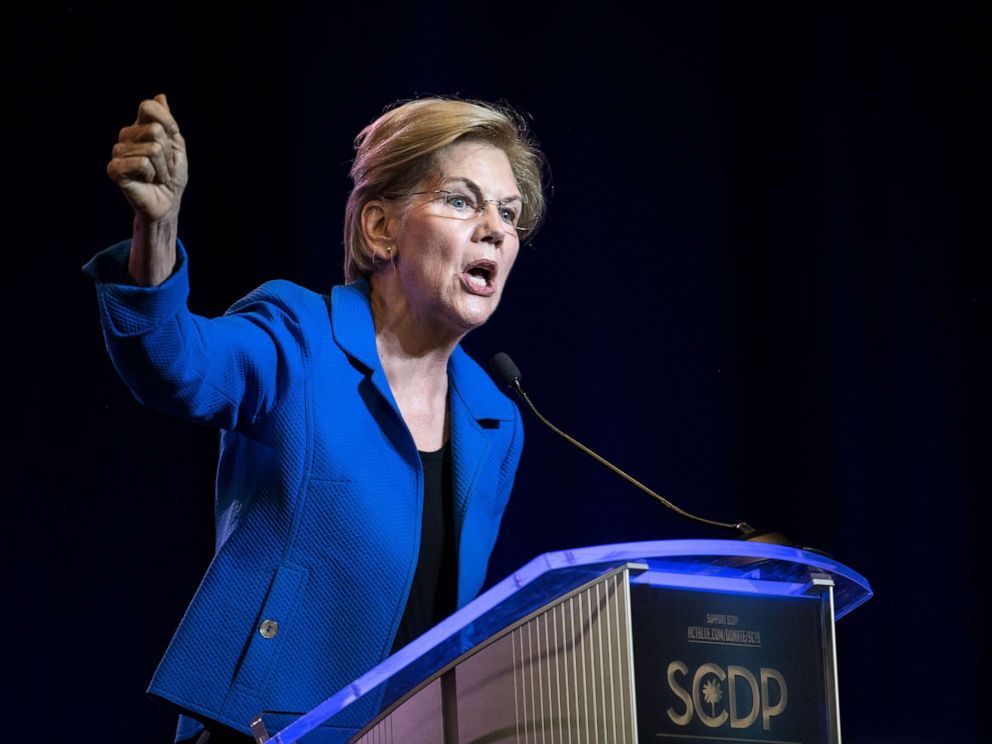 PHOTO: Sen. Elizabeth Warren addresses the crowd at the 2019 South Carolina Democratic Party State Convention, June 22, 2019, in Columbia, South Carolina.