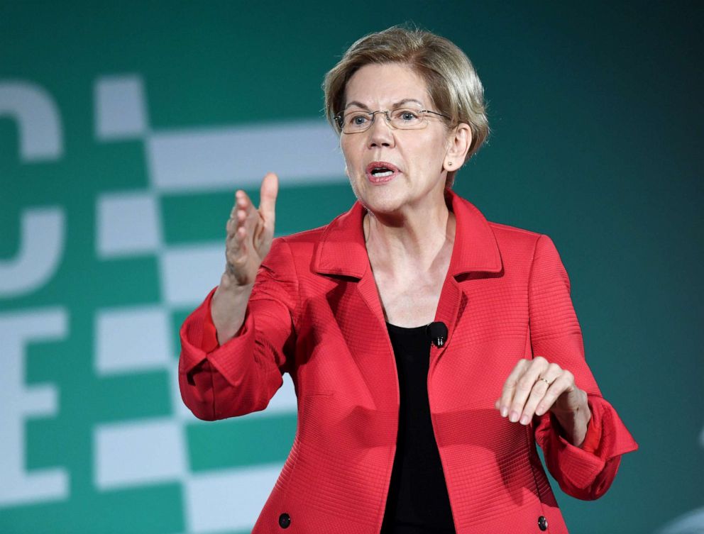 PHOTO: Democratic presidential candidate and Sen. Elizabeth Warren speaks during the 2020 Public Service Forum hosted by the American Federation of State, County and Municipal Employees (AFSCME) at UNLV, Aug. 3, 2019, in Las Vegas.