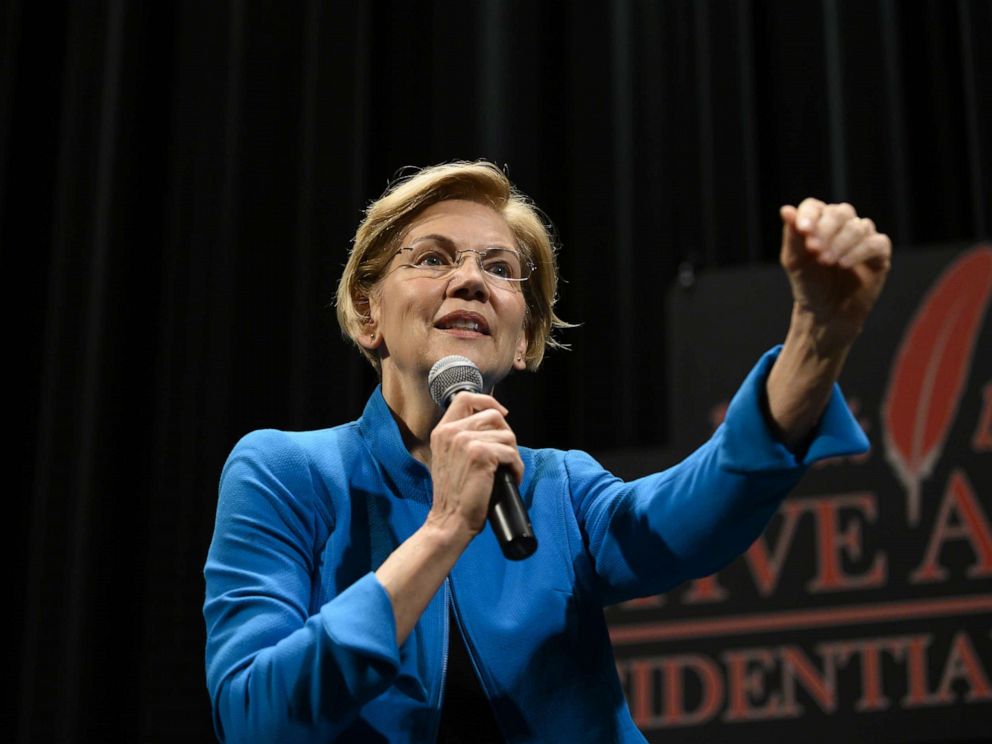 PHOTO: Sen. Elizabeth Warren speaks at the Frank LaMere Native American Presidential Forum, Aug. 19, 2019, in Sioux City, Iowa.