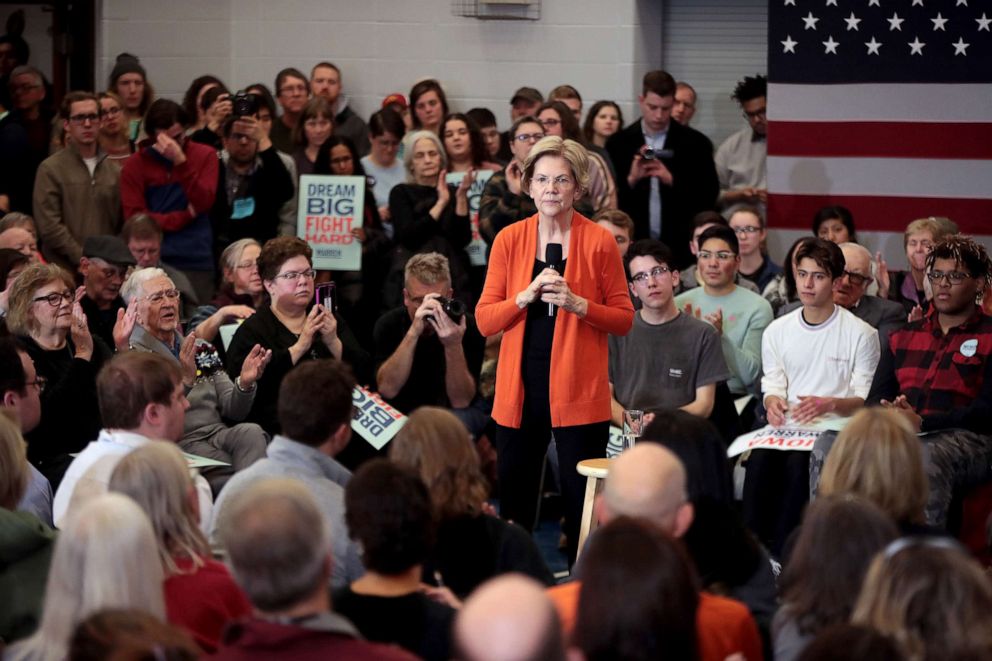 PHOTO: Democratic presidential candidate, Sen. Elizabeth Warren speaks at a campaign stop at Fisher Elementary School, Jan. 12, 2020, in Marshalltown, Iowa.