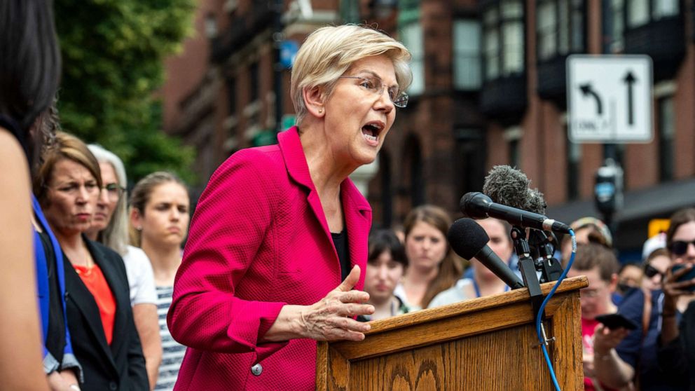 PHOTO: Sen. Elizabeth Warren addresses the public during a rally to protest the US Supreme Courts overturning of Roe Vs. Wade at the Massachusetts State House in Boston, June 24, 2022.