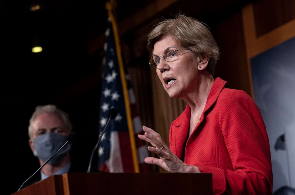 PHOTO: In this July 22, 2020, file photo, Sen. Elizabeth Warren speaks during a news conference concerning the extension of eviction protections in the next coronavirus bill, at the U.S. Capitol in Washington, DC.