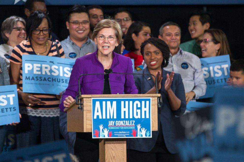 PHOTO: Sen. Elizabeth Warren speaks at a rally held for Democratic gubernatorial candidate Jay Gonzalez and congressional Democratic candidate Ayanna Pressley, Sept. 9, 2018, in Cambridge, Mass.