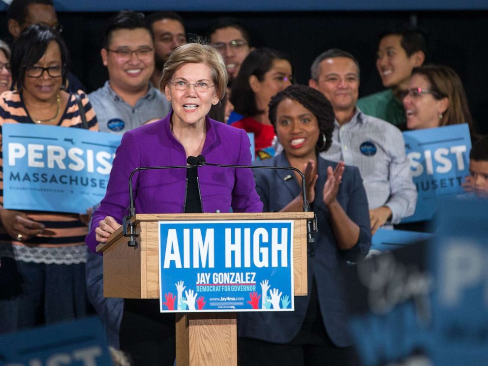 PHOTO: Sen. Elizabeth Warren speaks at a rally held for Democratic gubernatorial candidate Jay Gonzalez and congressional Democratic candidate Ayanna Pressley, Sept. 9, 2018, in Cambridge, Mass.