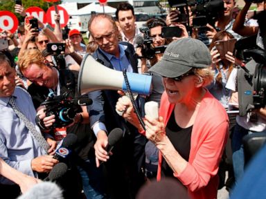 PHOTO: Sen. Elizabeth Warren addresses a crowd about migrant children in front of a detention center in Homestead, Fla., June 26, 2019.