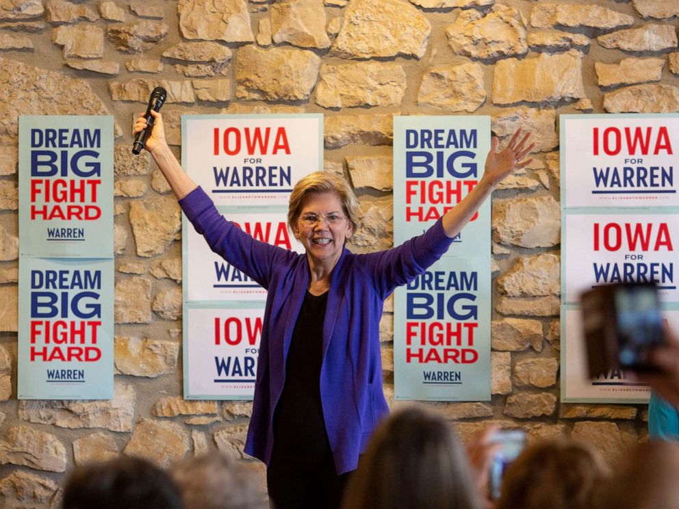PHOTO: 2020 presidential candidate Sen. Elizabeth Warren acknowledges the crowd as she arrives to speak during a campaign event at Fat Hill Brewing in Mason City, Iowa on May 3, 2019.