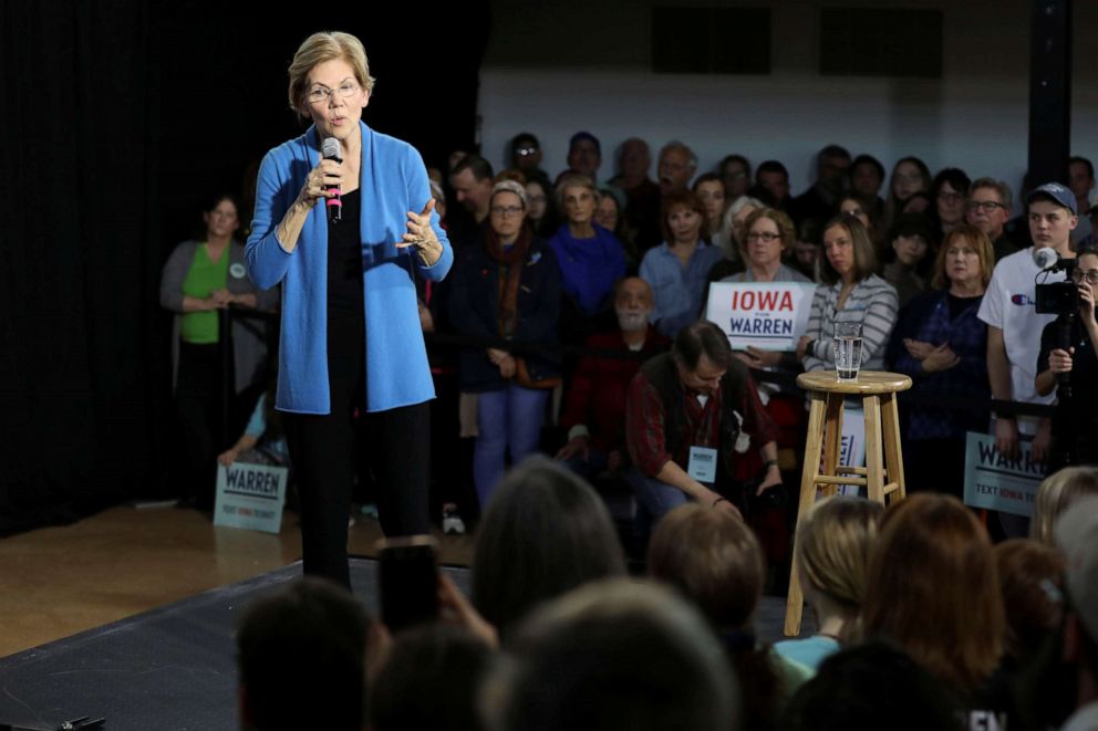 PHOTO: Democratic presidential candidate Sen. Elizabeth Warren speaks during a town hall event in Davenport, Iowa, Jan. 5, 2020.