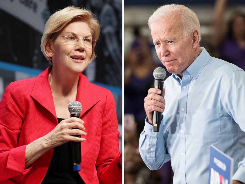 PHOTO: Elizabeth Warren speaks onstage at the MoveOn Big Ideas Forum, June 1, 2019, in San Francisco, Calif.| Joe Biden addresses a crowd, May 4, 2019, in Columbia, S.C. 