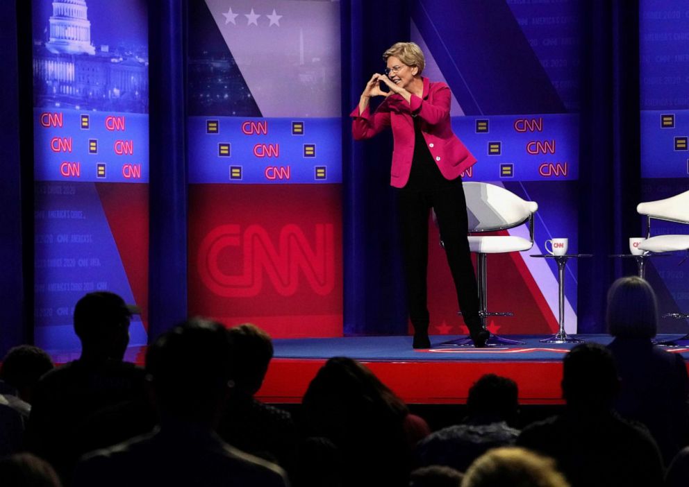 PHOTO: Democratic 2020 U.S. presidential candidate Sen. Elizabeth Warren, D-Mass., gestures during a televised town hall on CNN dedicated to LGBTQ issues in Los Angeles on Oct. 10, 2019.