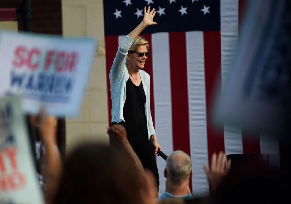 PHOTO: Democratic presidential hopeful Sen. Elizabeth Warren of Massachusetts wraps up a campaign event in Rock Hill, S.C., Saturday, Sept. 28, 2019.