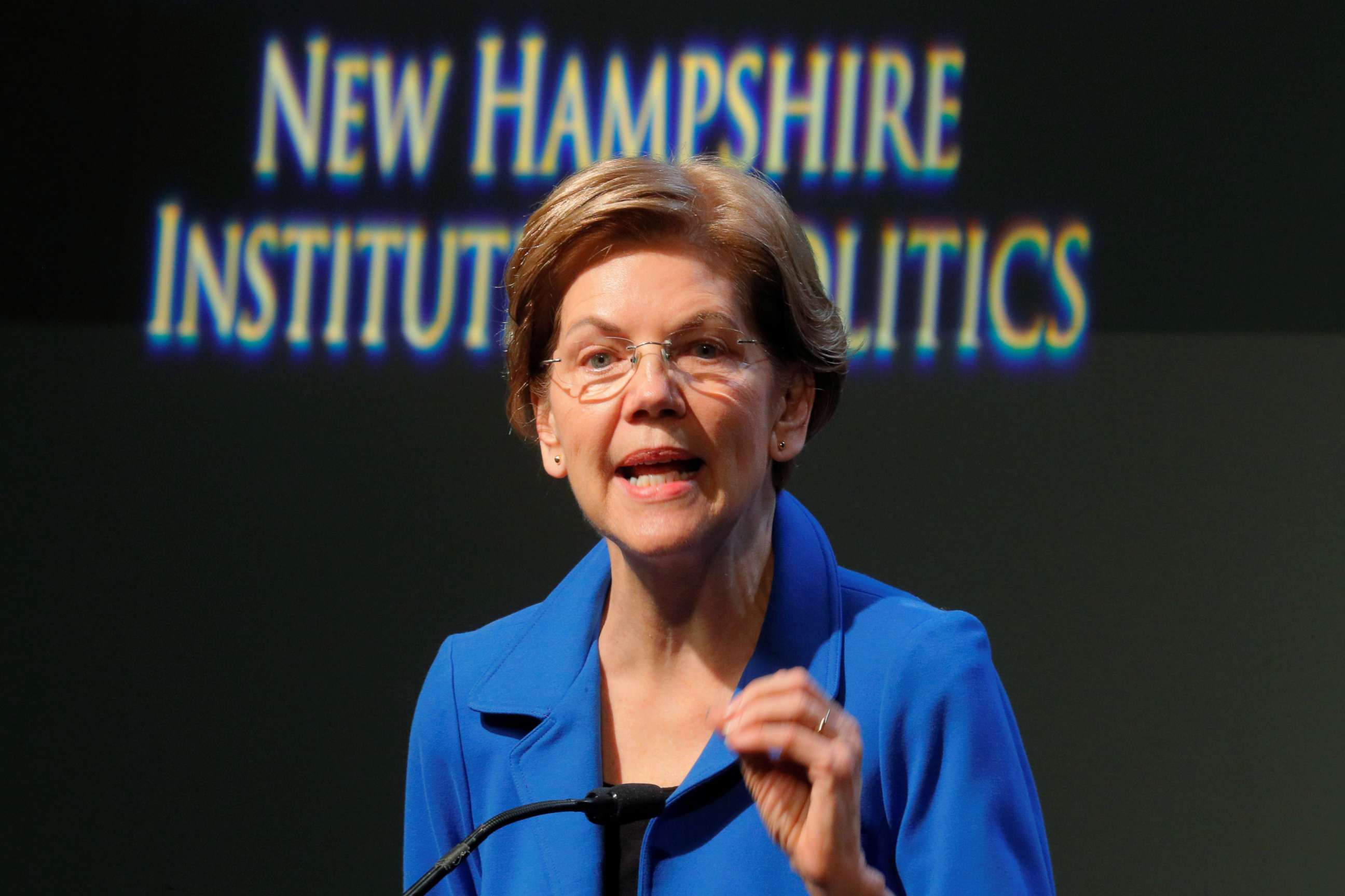 PHOTO: Democratic 2020 U.S. presidential candidate Sen. Elizabeth Warren, D-Mass., delivers a campaign economic speech at Saint Anselm College's Institute of Politics in Manchester, N.H. on Dec. 12, 2019. 