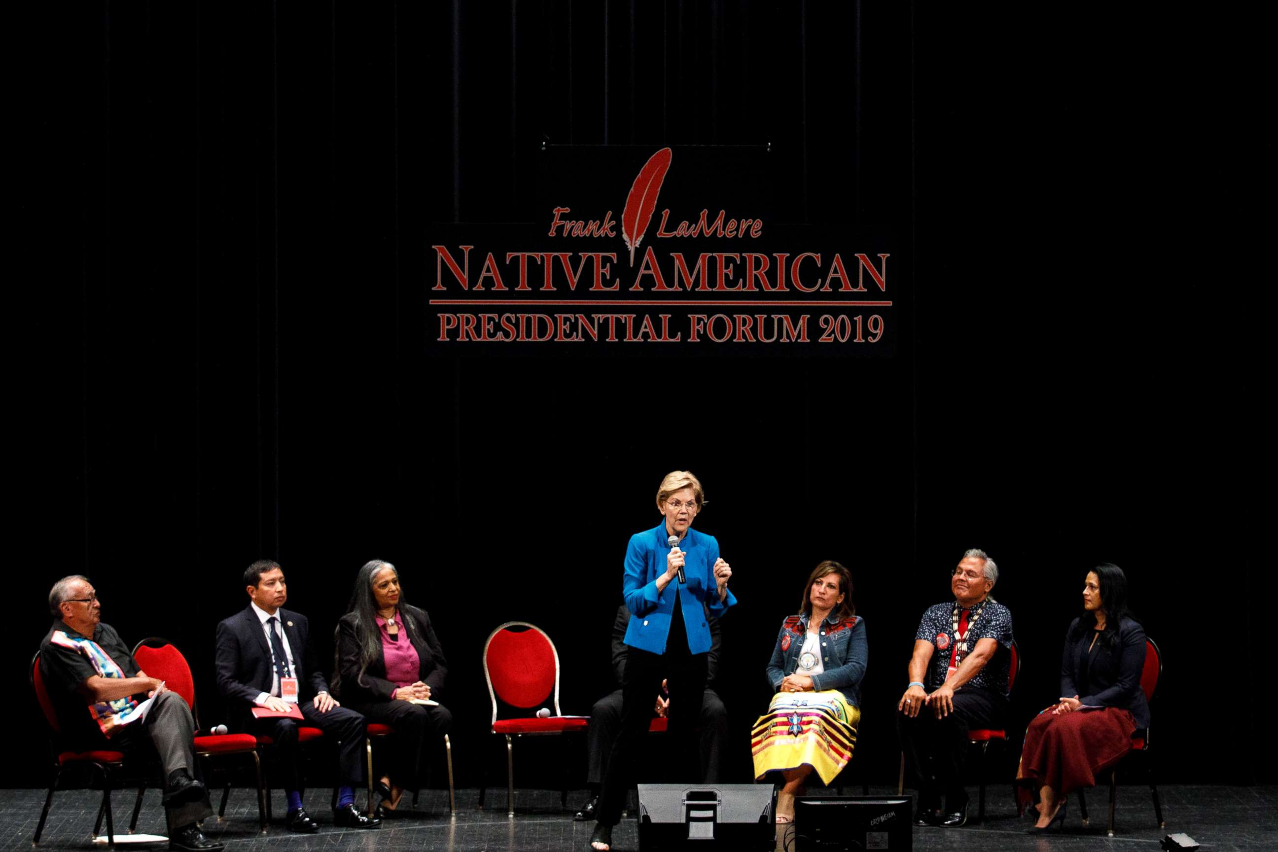 PHOTO: Sen. Elizabeth Warren takes questions from a panel during a presidential forum on Native American issues in Sioux City, Iowa, Aug. 19, 2019.