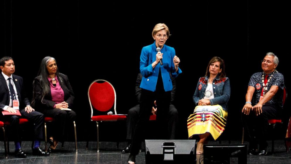 PHOTO: Sen. Elizabeth Warren takes questions from a panel during a presidential forum on Native American issues in Sioux City, Iowa, Aug. 19, 2019.