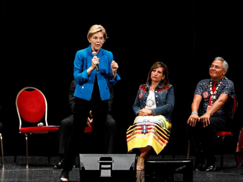 PHOTO: Sen. Elizabeth Warren takes questions from a panel during a presidential forum on Native American issues in Sioux City, Iowa, Aug. 19, 2019.