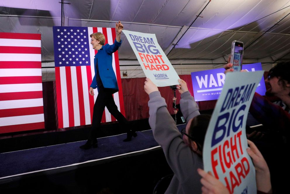 PHOTO: Democratic presidential candidate Sen. Elizabeth Warren appears at her New Hampshire primary night rally in Manchester, N.H., Feb. 11, 2020.