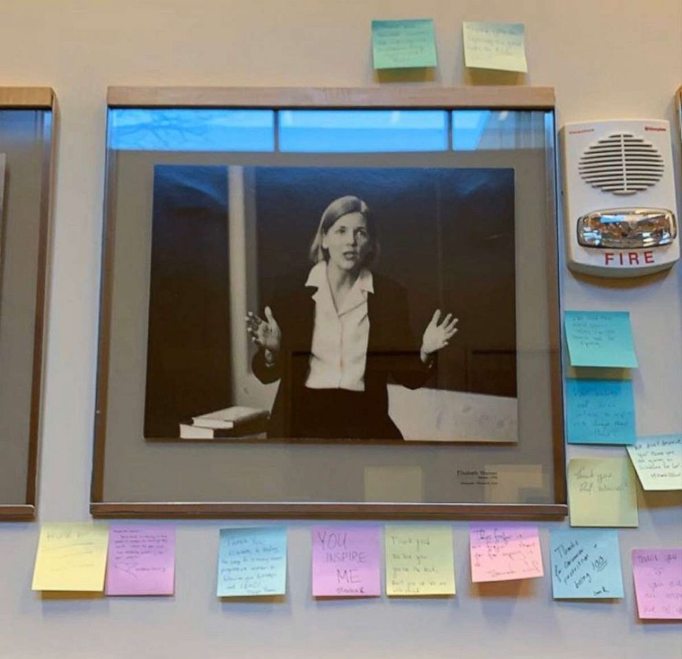 PHOTO: Thank-you notes appeared around Elizabeth Warren's portrait from her time as a tenured professor at Harvard Law School after she announced the end of her presidential campaign on March 5, 2020.