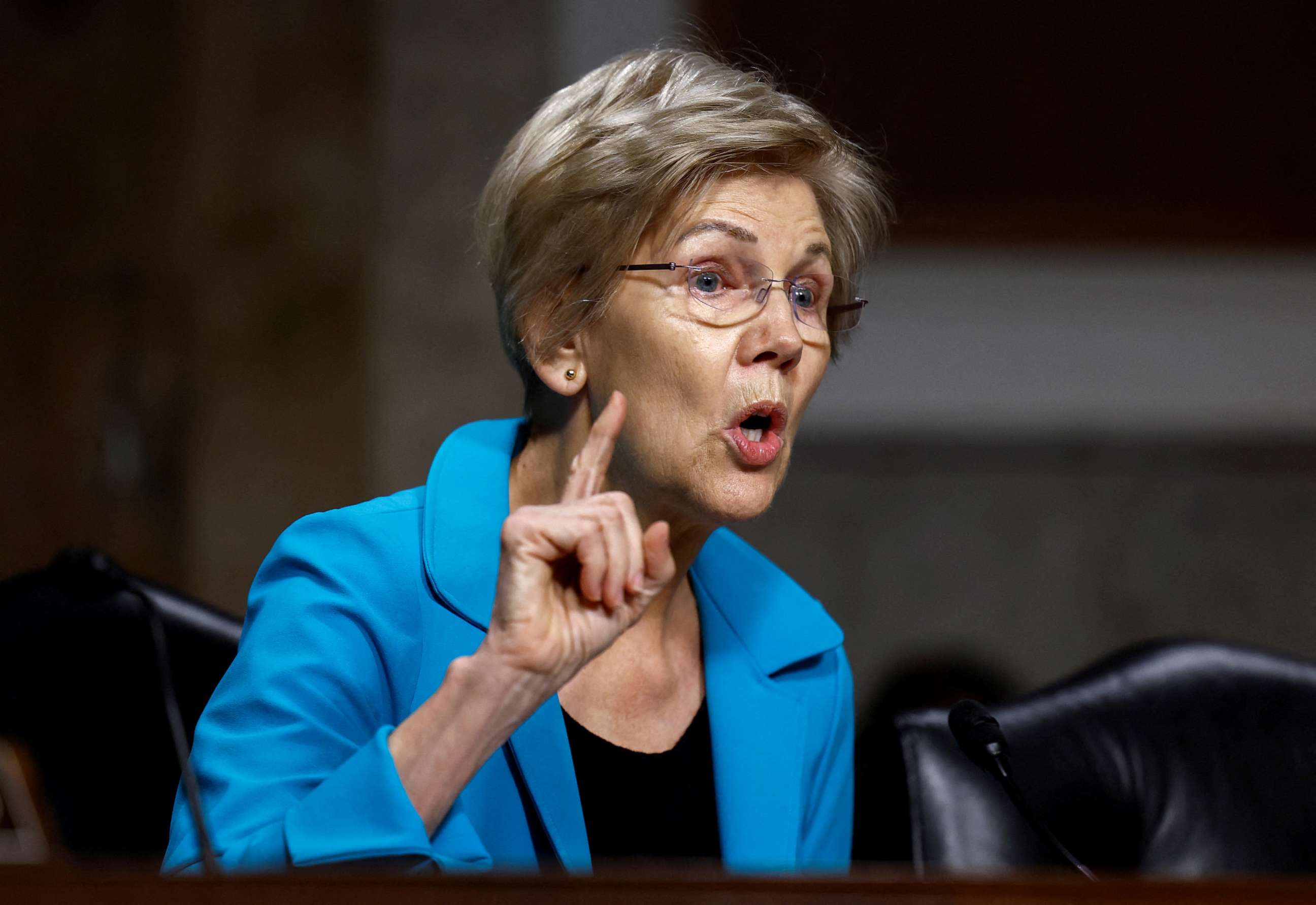 PHOTO: Senator Elizabeth Warren questions witnesses during a Senate Banking, Housing, and Urban Affairs Committee hearing in Washington, May 18, 2023.