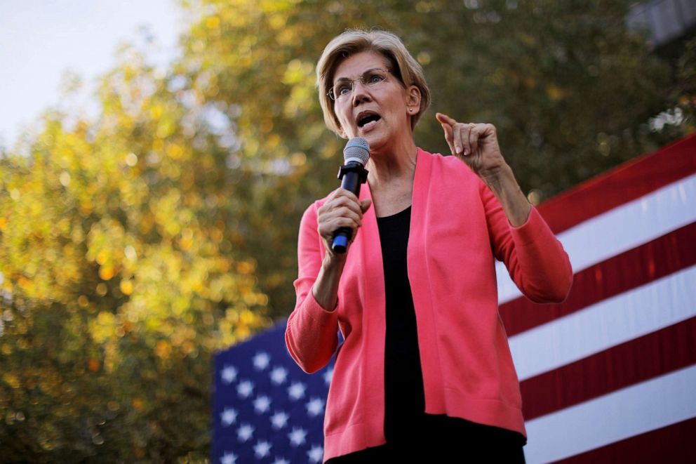 PHOTO: Democratic 2020 U.S. presidential candidate and U.S. Senator Elizabeth Warren (D-MA) speaks at a campaign rally at Keene State College in Keene, New Hampshire, Sept. 25, 2019.