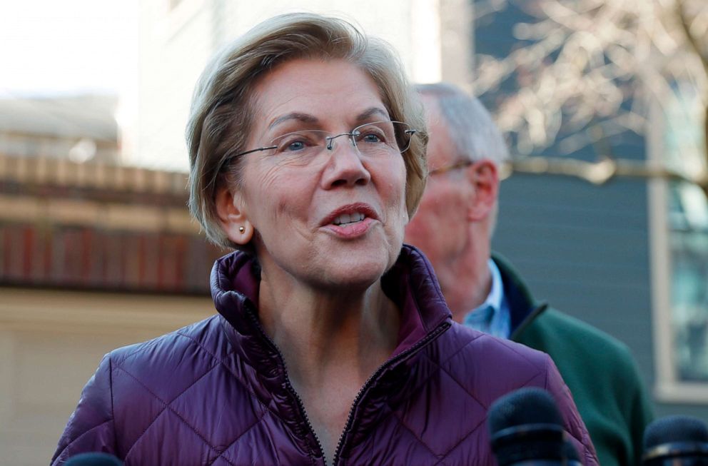 PHOTO: Democratic presidential candidate Sen. Elizabeth Warren talks to reporters outside her house about the end of her 2020 campaign for president in Cambridge, Massachusetts, March 5, 2020.