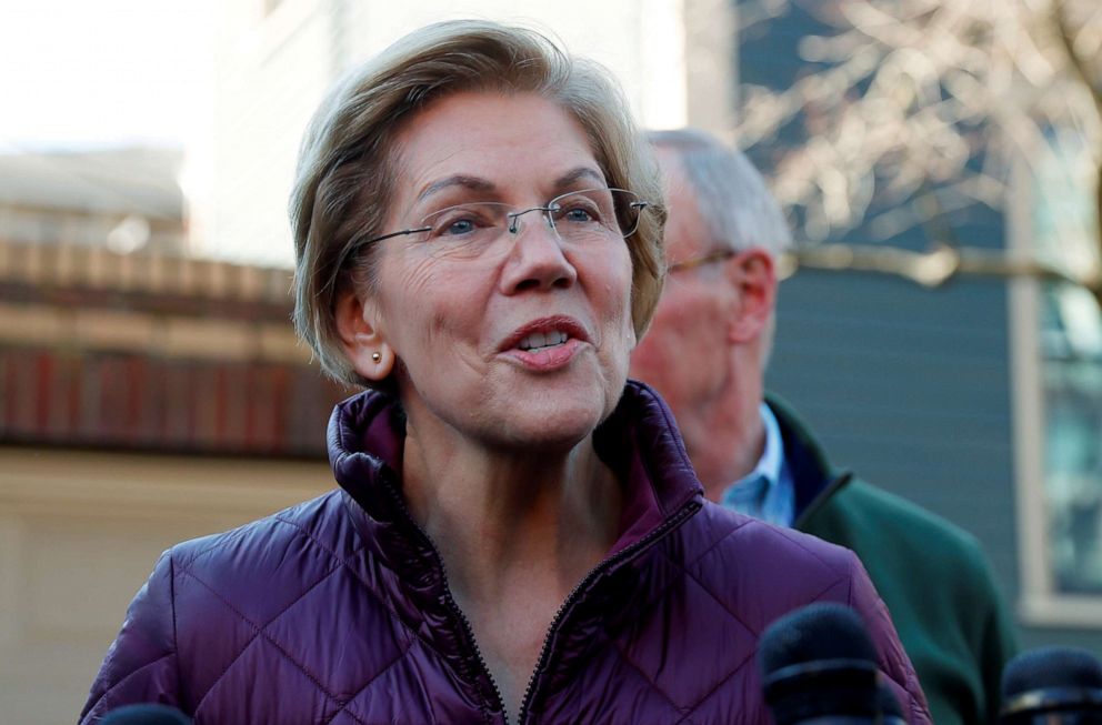 PHOTO: Sen. Elizabeth Warren talks to reporters outside her house about the end of her 2020 campaign for president in Cambridge, Massachusetts, March 5, 2020.