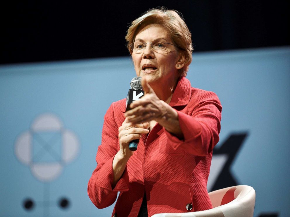 PHOTO: Senator Elizabeth Warren speaks about her policy ideas with Anand Giridharadas at the South by Southwest (SXSW) conference and festivals in Austin, Texas, March 9, 2019.