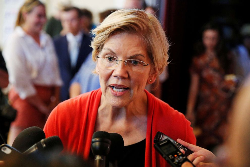 PHOTO: Democratic 2020 U.S. presidential candidate Sen. Elizabeth Warren speaks to members of the media during a town hall at the Peterborough Town House in Peterborough, N.H., July 8, 2019.