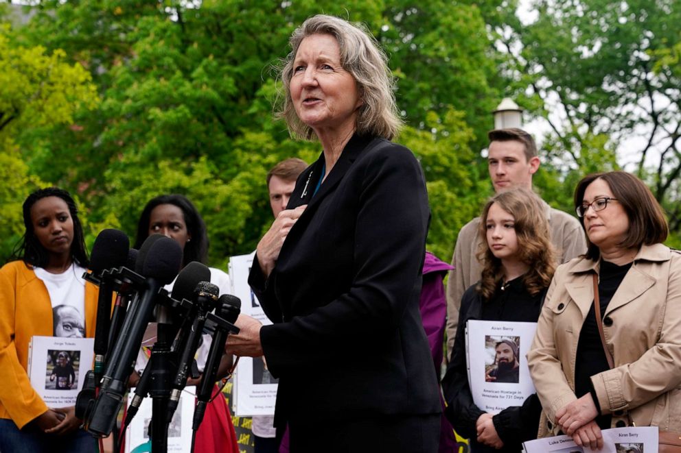 PHOTO: Elizabeth Whelan, sister of U.S. Marine Corps veteran and Russian prisoner Paul Whelan, speaks at a news conference in Lafayette Park near the White House, on May 4, 2022, in Washington, D.C.