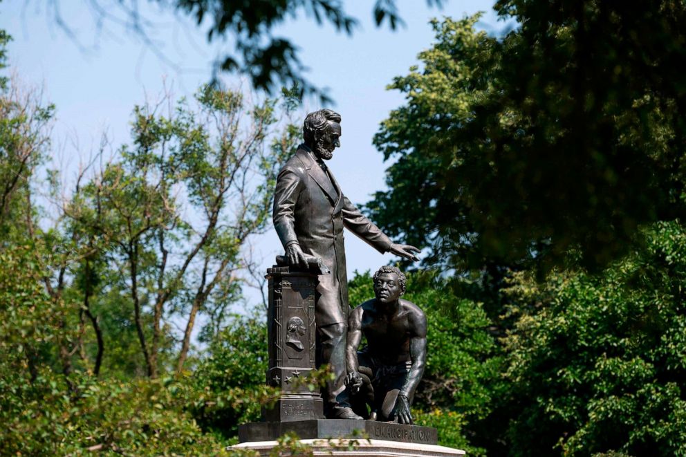 PHOTO: The Lincoln Park Emancipation statue that is drawing scrutiny depicting former President Abraham Lincoln standing over a kneeling freed slave, in Washington, D.C., June 22, 2020.
