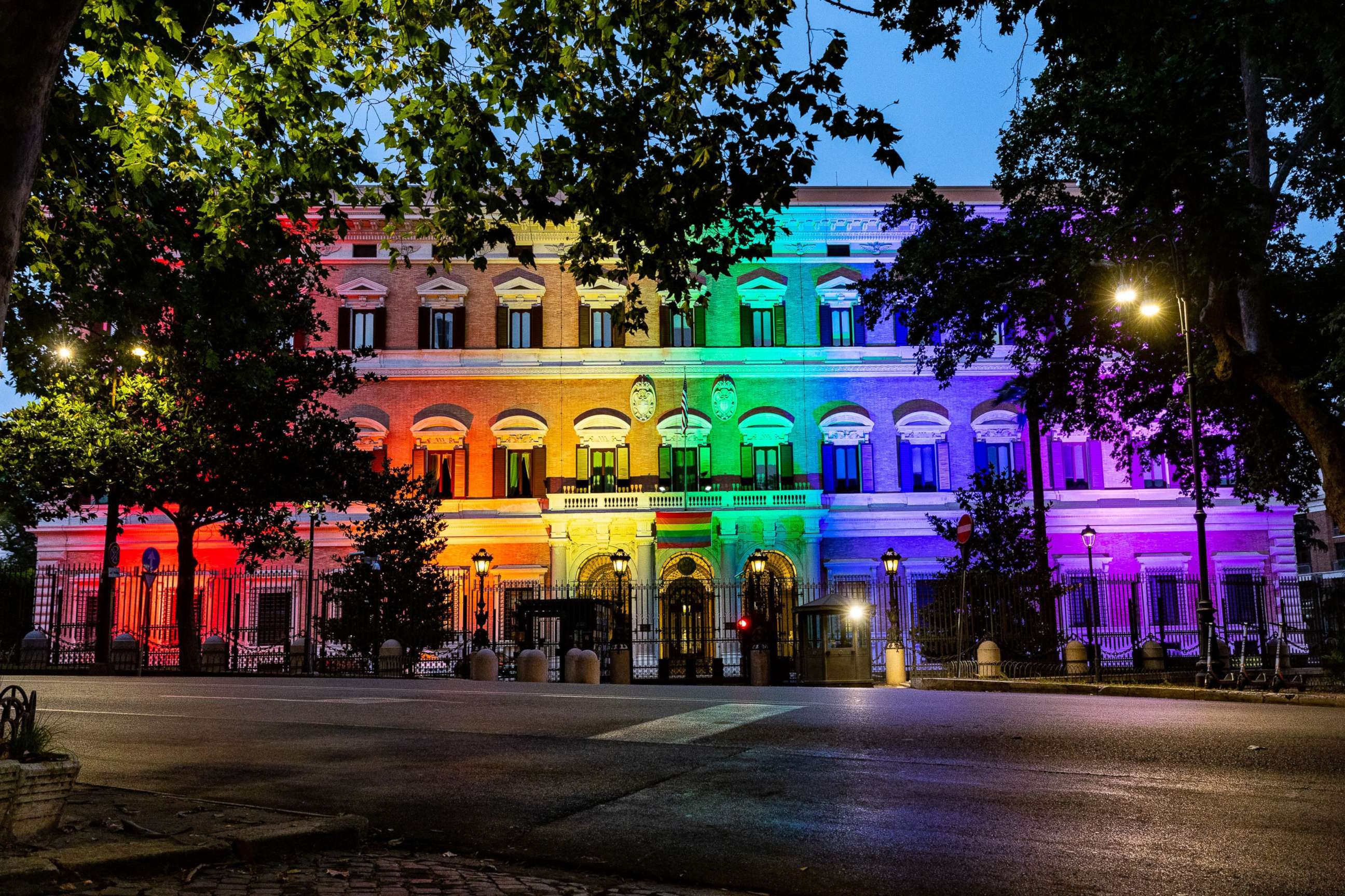 PHOTO: The U.S. Embassy in Rome lights up in rainbow colors for Pride month, June 21 2021.