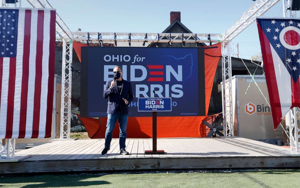 PHOTO: Doug Emhoff, husband of Democratic vice presidential candidate Sen. Kamala Harris, greets the crowd during a get out the vote rally at Land Grant Brewing Company in Columbus, Ohio, Nov. 3, 2020.