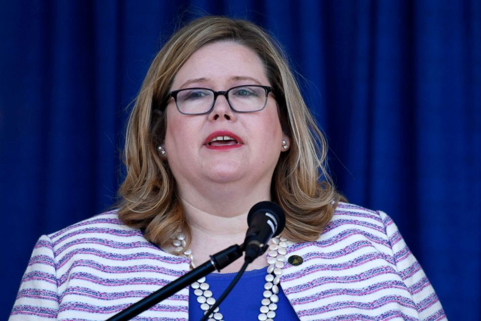 PHOTO: General Services Administration Administrator Emily Murphy speaks during a ribbon cutting ceremony for the Department of Homeland Security's St. Elizabeths Campus Center Building in Washington, June 21, 2019.