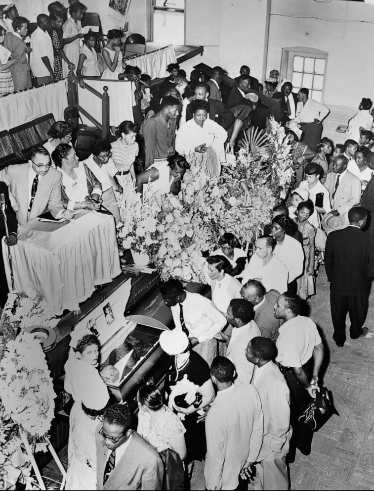 PHOTO: Mourners pass Emmett Till's casket in Chicago Sept. 3, 1955. Till was a fourteen year old boy who was kidnapped, tortured and lynched for whistling at a white woman in Mississippi by a white mob.