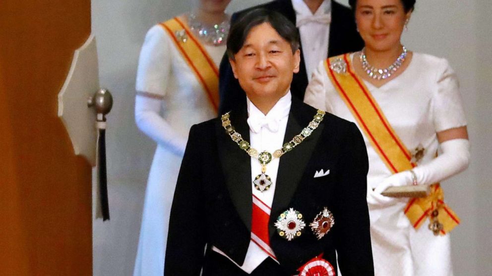 PHOTO: New Emperor Naruhito, Empress Masako, Crown Prince Akishino and Crown Princess Kiko of Akishino enter the Matsu-no-Ma hall after his accession to the Chrysanthemum Throne at the Imperial Palace on May 1, 2019, in Tokyo, Japan.