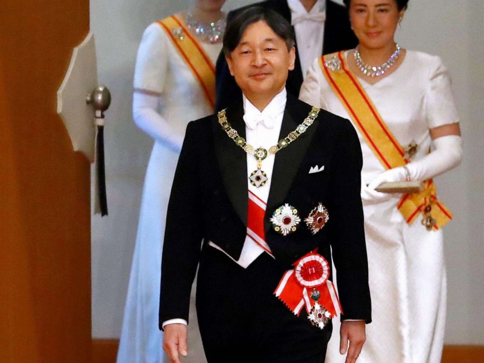 PHOTO: New Emperor Naruhito, Empress Masako, Crown Prince Akishino and Crown Princess Kiko of Akishino enter the Matsu-no-Ma hall after his accession to the Chrysanthemum Throne at the Imperial Palace on May 1, 2019, in Tokyo, Japan.