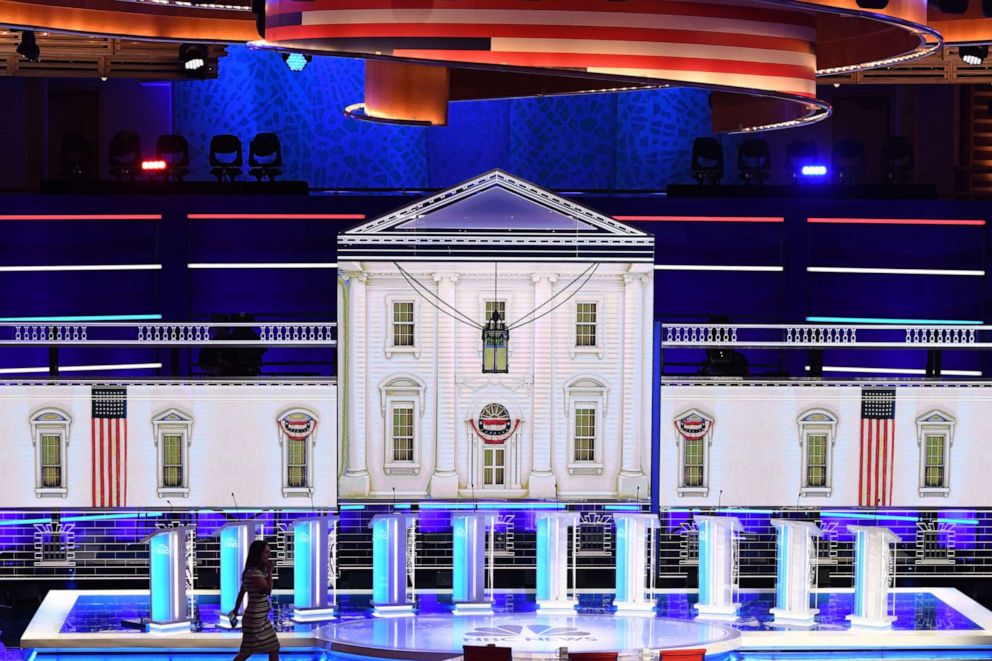 PHOTO: The stage is seen prior to the second Democratic primary debate of the 2020 presidential campaign season hosted by NBC News at the Adrienne Arsht Center for the Performing Arts in Miami, Florida, June 27, 2019.