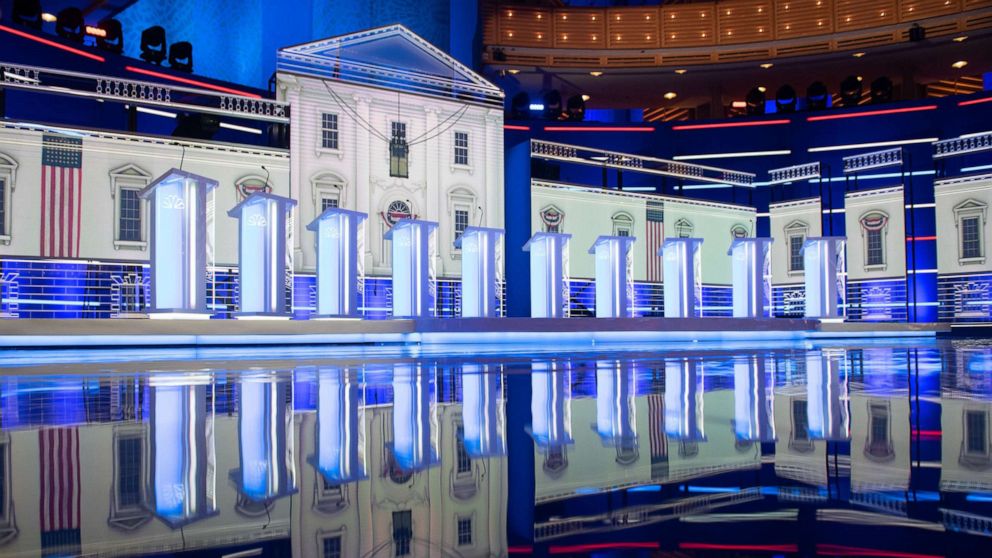 PHOTO: The stage is seen prior to the first Democratic primary debate of the 2020 presidential campaign season at the Adrienne Arsht Center for the Performing Arts in Miami, June 26, 2019.