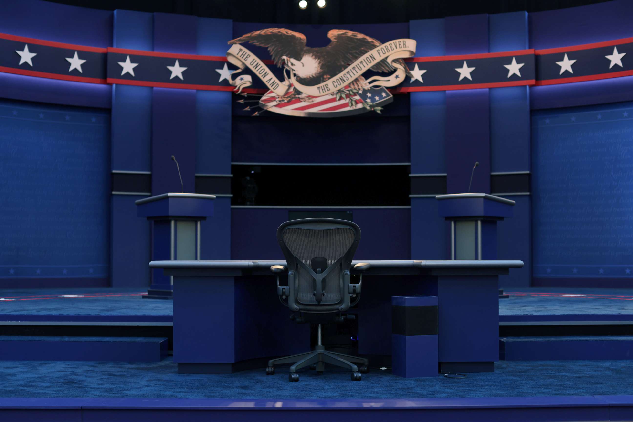 PHOTO: The stage awaits the first presidential debate between President Donald Trump and presidential nominee and former Vice President Joe Biden on the campus of the Cleveland Clinic in Cleveland, Ohio, Sept. 28, 2020.